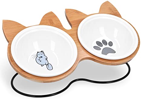 Navaris Bamboo Raised Double Cat Bowl Stand - Cat Shaped Feeding Station for Cats and Pets - Elevated Twin Ceramic Food, Water Bowl Holder