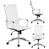 2xhome Tall Ribbed PU leather Adjustable Seat Office Chair - High Back White