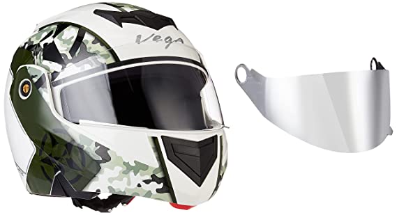 Vega Crux Dx Camouflage ISI Certified Gloss Smooth Finish Flip-Up Helmet for Men and Women with Clear Visor And Extra Mercury Visor(White Battle Green, Size:M)