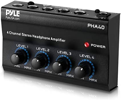 4-Channel Portable Stereo Headphone Amplifier - Professional Multi Channel Mini Earphone Splitter Amp w/ 4 ¼” Balanced TRS Headphones Output Jack and 1/4" TRS Audio Input For Sound Mixer - Pyle PHA40 BLACK