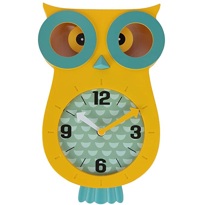 Lily's Home Pendulum Owl Clock with Revolving Eyes and Swinging Tail, Wonderful and Colorful Addition to Owl Themed Bedroom Décor, Yellow (13" x 8")