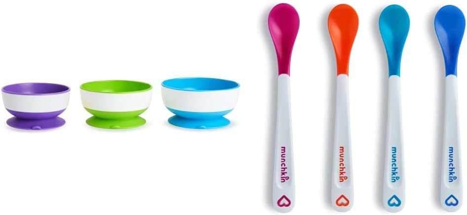 Munchkin Three Stay Put Suction Bowl & White Hot Infant Safety Spoons, Orange/Pink/Green/Blue