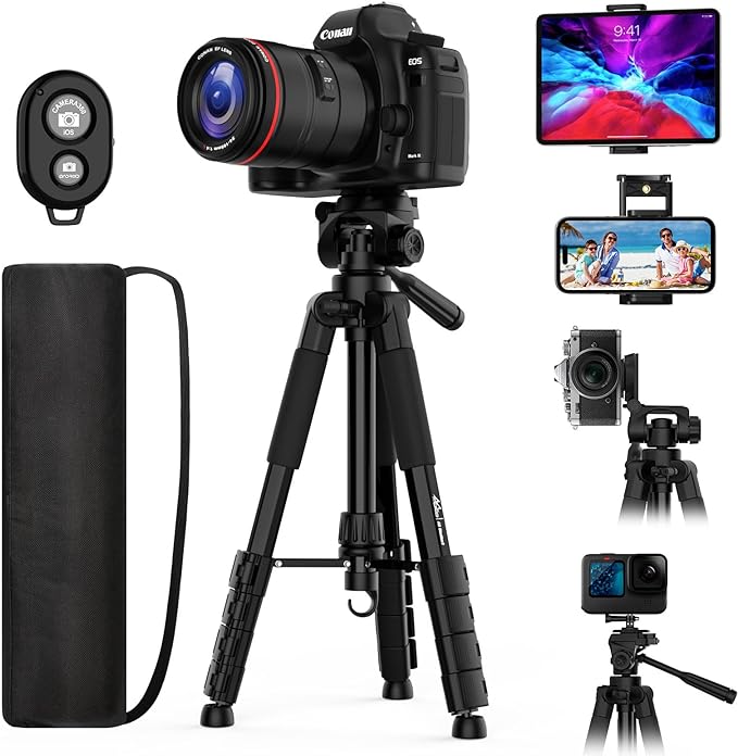 MoKo Camera Tripod for iPad - 70" Phone Tripod Stand with Travel Bag, Tripod for iPhone with Phone Holder, Wireless Remote, Travel Tripod for Camera DSLR SLR, Cell Phones, Tablets, Projector, Webcam