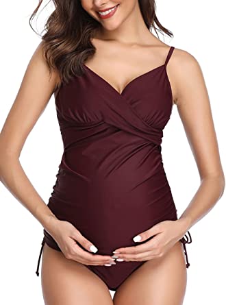 Solid Women's Maternity Swimsuit Retro Plum Wrap Front Tankini