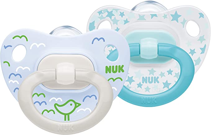 NUK Happy Days Baby Dummies, 0-6 Months, Silicone, BPA Free, 2 Count, Bird/Stars OR Bike/Car (design may vary)