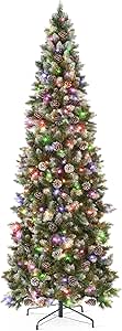 Best Choice Products 12ft Pre-lit Pencil Christmas Tree, Partially Flocked & Frosted Slim Holiday Tree Decoration w/White & Multicolor 2-in-1 Lights