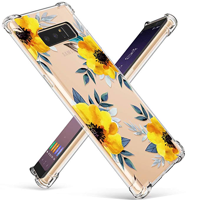 GVIEWIN Compatible for Galaxy Note 8 Case, Clear Flower Pattern Design Soft & Flexible TPU Ultra-Thin Shockproof Transparent Floral Cover, Cases Note 8 (Sunflowers/Yellow)