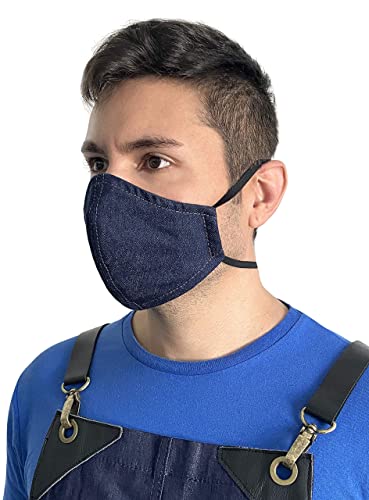 Face Mask - Over the Head Elastic Loop - Double Layer, Filter Pocket - Reusable, Washable - Blue Denim - Adult, Unisex - New Bigger Size