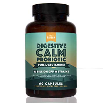 Digestive Calm Probiotic (Plus L-Glutamine) 25 Billion CFU and 13 Strains. - Natural Support for Better Digestion - for Bloating & Constipation   Gas Relief & Leaky Gut - 60 Vegetarian Capsules.