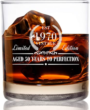 1970 Vintage Edition Birthday Whiskey Scotch Glass (50th Anniversary) 11 oz- Elegant Happy Birthday Old Fashioned Whiskey Glasses- Classic Lowball Rocks Glass- Cool Birthday Gift, Reunion Gift