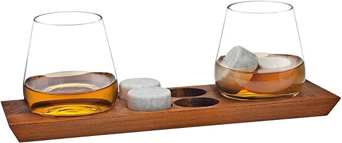 Godinger Whiskey Glasses and Chilling Rocks Whiskey Stones Bar Set on Wooden Display Tray