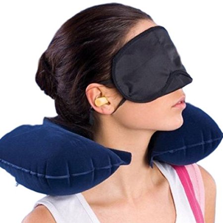 Cozy Travel Pillow - Use as Neck Pillow , Headrest Pillow , Airplane Pillow and More. 3 in 1 Travel Inflatable Pillow Package includes Light Air Travel Pillow, Silk Eye Mask and Ear Plugs (Dark Blue)
