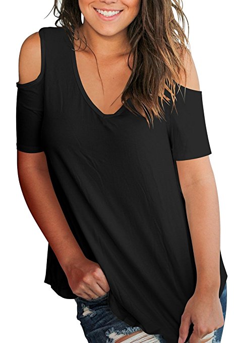Slimming Girl Women's Casual T Shirt V Neck Cold Shoulder Tops Short Sleeve Tshirt