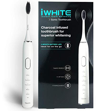 iWhite Electric Toothbrush | 3 Months Battery Life (with USB Charger) | Activated Charcoal Infused bristles Sonic Toothbrush for Teeth Whitening | 40,000 Vibrations per Minute & 5 Brushing Functions