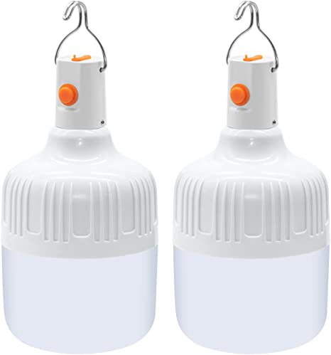 Ledeak 2 Pcs Camping Lantern, LED Rechargeable Light Bulb Battery Powered Outdoor Lamp with Hook and USB, 500 Lumens Stable Lighting Portable Tent Light for Emergency Camping Patio Garden BBQ