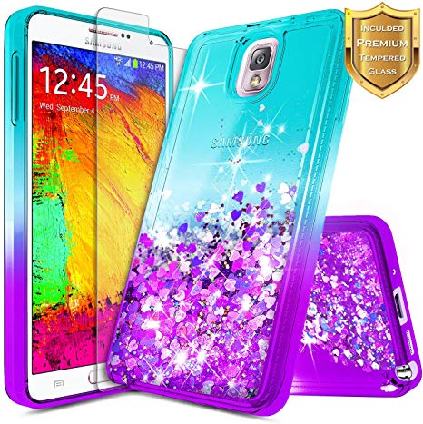 NageBee Galaxy Note 3 Case w/[Tempered Glass Screen Protector], Glitter Liquid Quicksand Waterfall Floating Flowing Sparkle Bling Cute Case Designed for Samsung Galaxy Note 3 -Aqua/Purple