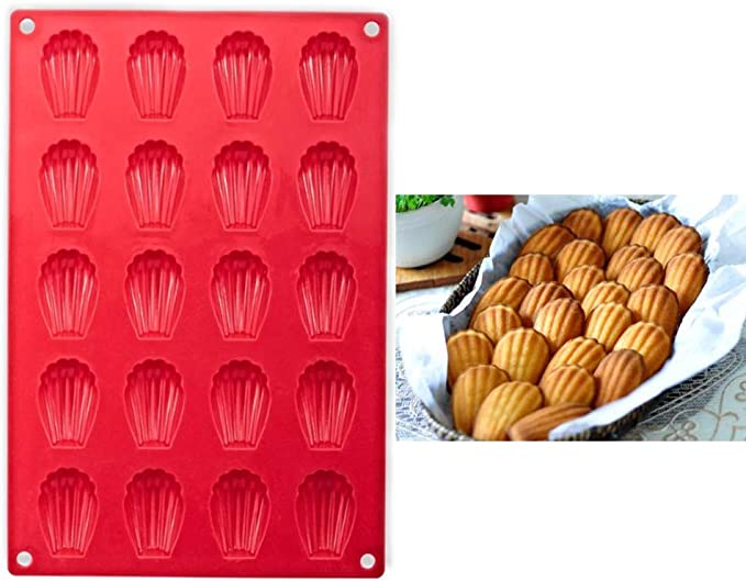 EORTA Silicone Madeleine Pan 20 Cavity Shell Shaped Baking Mold Non-Stick Rectangular Cake/Fondant Tray for Chocolate Cookie Dessert Candy Soap Ice Cube, Red, 30x20 cm
