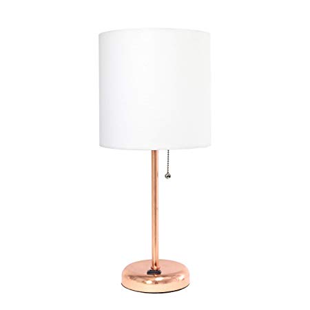 Limelights LT2024-RGD Rose Gold Stick Charging Outlet and White Fabric Shade Table Lamp,