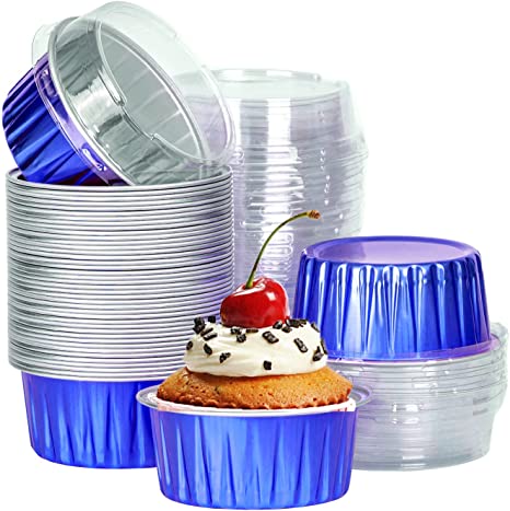 Aluminum Foil Baking Cups with Lids 50pcs 125ml Aluminum Foil Cupcake Liners Cups with Lids, 5oz Disposable Foil Baking Cake Cups, Aluminum Muffin Cups for Bakery Wedding Birthday Party