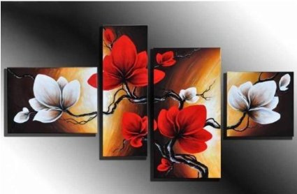 100% Hand-painted Best-selling Quality Goods Wood Framed on the Back Full Bloom in Spring Red Flowers High Q. Wall Decor Landscape Oil Painting on Canvas 4pcs/set Mixorde