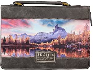 Christian Art Gifts Classic Faux Leather Bible Cover: Be Still and Know - Psalm 46:10 Inspirational Bible Verse with Majestic Valley and Mountains, Charcoal/Gray, Medium