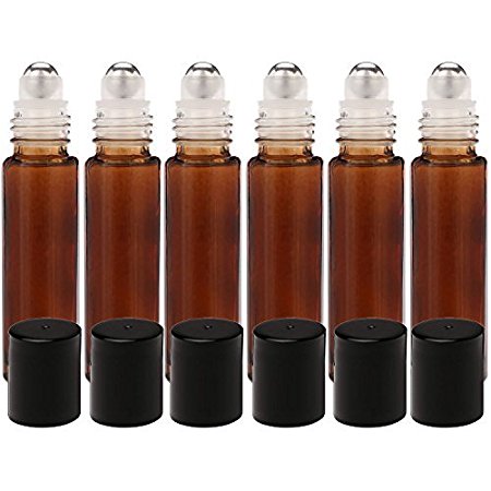 Kaith Glass Roll On Bottles With Metal Ball Best Quality [STAINLESS STEEL ROLLER] 10ml (1/3oz) Amber Glass -For Aromatherapy, Essential Oils, Perfumes and Lip Balms Set of 6