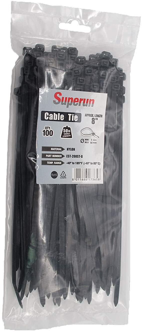 Superun 8 Inch Selflocking Heavy Duty Zip Tie, 50 Lbs Tensile Strength Wire Ties (Industrial Grade Cable Tie) Pack of 100 Black