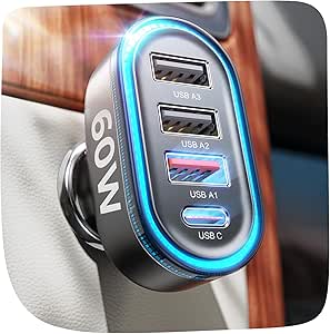 LISEN USB Car Charger Fast Charging 60W 4 Ports Super Fast Car Charger Adapter PD36W&QC 3.0 Car USB Charger Multi Port Type C Car Charger Multiple Ports USB C Car Charger Fast Charging, Black