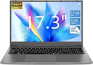 SGIN 17.3 Inch Laptop N5095A Celeron (12GB RAM, 512GB SSD), FHD 1920 * 1080 IPS, 5000mAh Battery, Full Size Keyboard, 2xUSB 3.0, Dual Band WiFi (Grey)