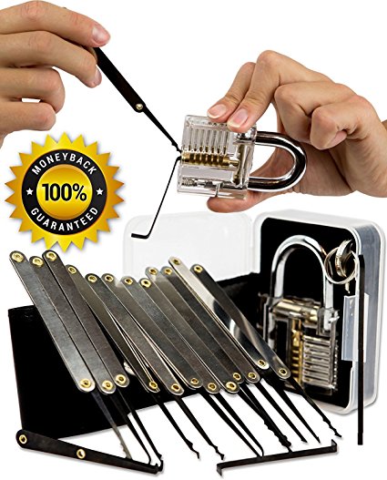 Practice Lock Set, Geepro Crystal Transparent Professional Visible Cutaway Inside View Padlocks with 2 keys, 15 pcs Various Crochet Hook, Wrenches, Leather Pouch for Locksmith Training With Guide Book