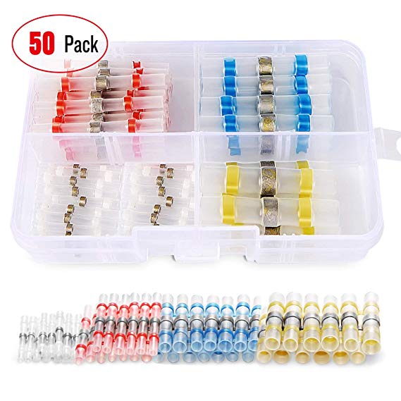 Nilight 50pcs Solder Seal Wire Connectors, Heat Shrink Butt Connectors Wire Splice for Marine Boat Truck Automotive Trailer Wiring(23Red 12Blue 10White 5Yellow),2 Years Warranty