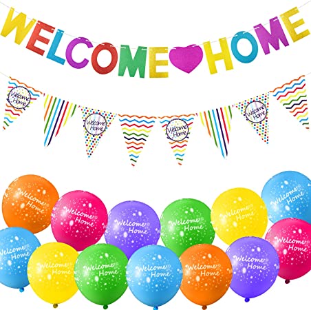 26 Pieces Welcome Home Balloons and Banners Set Includes 24 Pieces Welcome Home Tropical Balloon, Welcome Home Glitter Bunting Banner, 12 Pennant Flag Bunting for Home Decoration Family Party Supplies