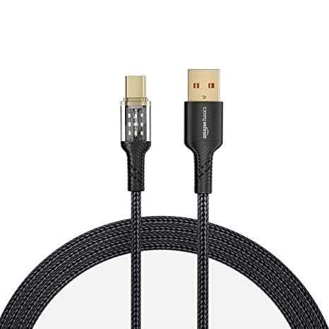 AmazonBasics 3A Fast Charging Braided USB Type A toType C Data Cable with Transparent Shell and LED indicator (Black/White -1.2 Meter)