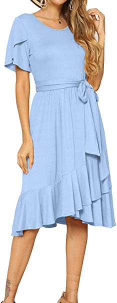 levaca Women's Plain Casual Flowy Short Sleeve Midi Dress with Belt