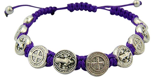 Arc International Silver Toned Base Saint Benedict Medal on Adjustable Cord Bracelet, 7 Inch