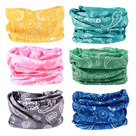 FAYBOX 6pcs Magic Wide Wicking Headbands Outdoor Headwear Bandana Sports Scarf Tube UV Face Mask for Workout Yoga Running Hiking Riding Motorcycling