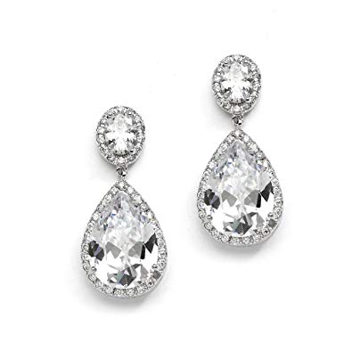 Mariell Pierced or Clip-On Bridal Earrings with Oval-Cut Framed Halos & Bold Pear-Shaped Teardrop Dangles