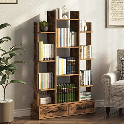 Rolanstar Bookshelf with 2 Wooden Drawers, Rustic Wood Bookshelves, Free Standing Book Shelf Industrial Shelf Free Standing Storage Shelf for Bedroom, Living Room, Home Office, Rustic Brown