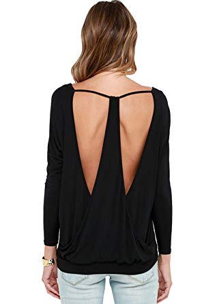 Yucharmyi Women's Long Sleeve Blouse Stretchy Loose Tops Backless Knit T Shirt