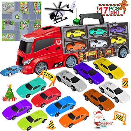 LOYO Car Carrier Truck Toy - Transport Trucks for Boys Age 2, 3, 4, 5, 6, 7, Kids Toy Cars Set 13 in 1 with Map Educational Play Birthday Gift for Boys, Kids, Toddlers