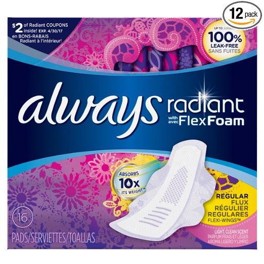 Always Radiant Regular with wings scented Pads 16 count (Pack of 12)