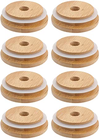 DOITOOL 8pcs Bamboo Jar Lids with Straw Hole Reusable Bamboo Jar Lids for Wide Mouth Mason Jar 70MM