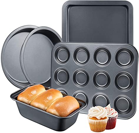 Deik 5-Piece Nonstick Oven Bakeware Baking Set, Heavy Duty Carbon Steel Baking Trays Include Muffin Tray, Oven Tray, Cake Tin, Loaf Tin, Oven Safe Up to 450℉, Dishwasher Safe, Gray