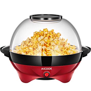 Popcorn Maker, AICOOK Electric Hot Oil Popcorn Popper Machine with Stirring Rod Offers Large Lid for Serving Bowl and Convenient Storage, 6-Quart, Red