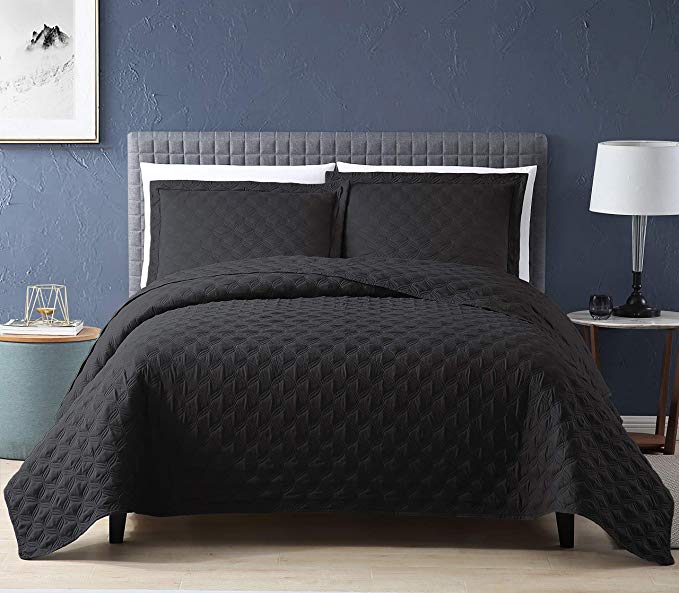 EXQ Home Quilt Set Full Queen Size Black 3 Piece,Lightweight Hypoallergenic Microfiber Coverlet Modern Style Onion Flower Pattern Bedspread Set