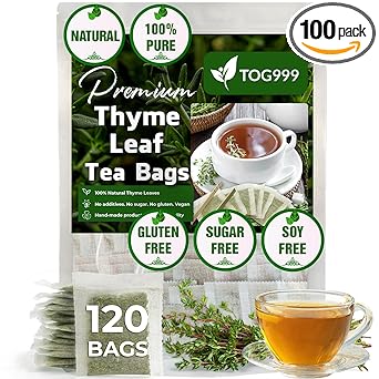 120 Thyme Leaf Tea Bags, 100% Natural & Pure Thyme Leaves. Loose Leaf Thyme Herbal Tea. Thyme Leaf Tea. No Sugar, No Caffeine, No Gluten, Vegan.