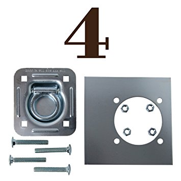 FOUR Recessed Tie-Down D Rings, Square Trailer Cargo Tiedown Anchors,   Mounting Lock Plate   Installation Bolting Hardware Accessories - Carriage Bolts, Keps Lockwasher Nuts, Flat Washers