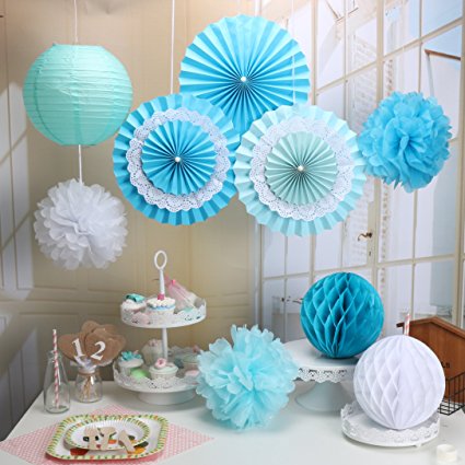 RiscaWin Set for Decoration Paper Fan,Tissue Paper Pom Poms ,Paper Lanterns,Honeycomb Balls (Set of 9) Blue