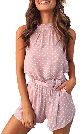 Angashion Women's Romper - Sleeveless Halter Neck Polka Dot Backless Belt Romper Shorts Jumspuit with Pockets