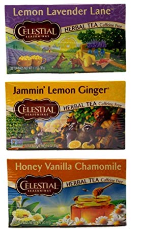 Celestial Seasonings Caffeine and Gluten Free Tea 3 Flavor Variety Bundle, 1 Each: Lemon Lavender Lane, Jammin' Lemon Ginger, Honey Vanilla Chamomile (20 Count)